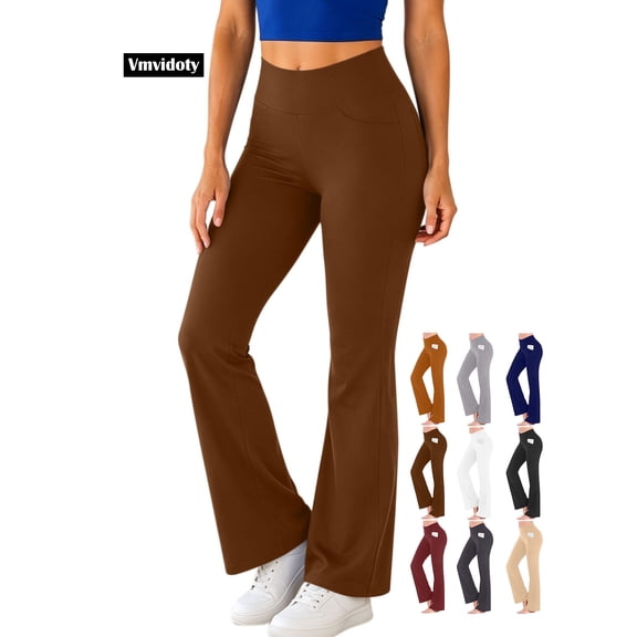 Yoga Pants for Women with Pockets Workout High Waist Stretch Flare Leggings with Two Pockets 1_Brown L
