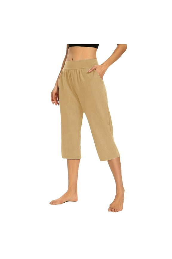 LAIVNEI Yoga Pants With Pockets Capris Solid Elastic Waist Pocket Cropped Pants Casual Stretchy Stylish Pants for Spring Summer Women's Clothing Khaki L