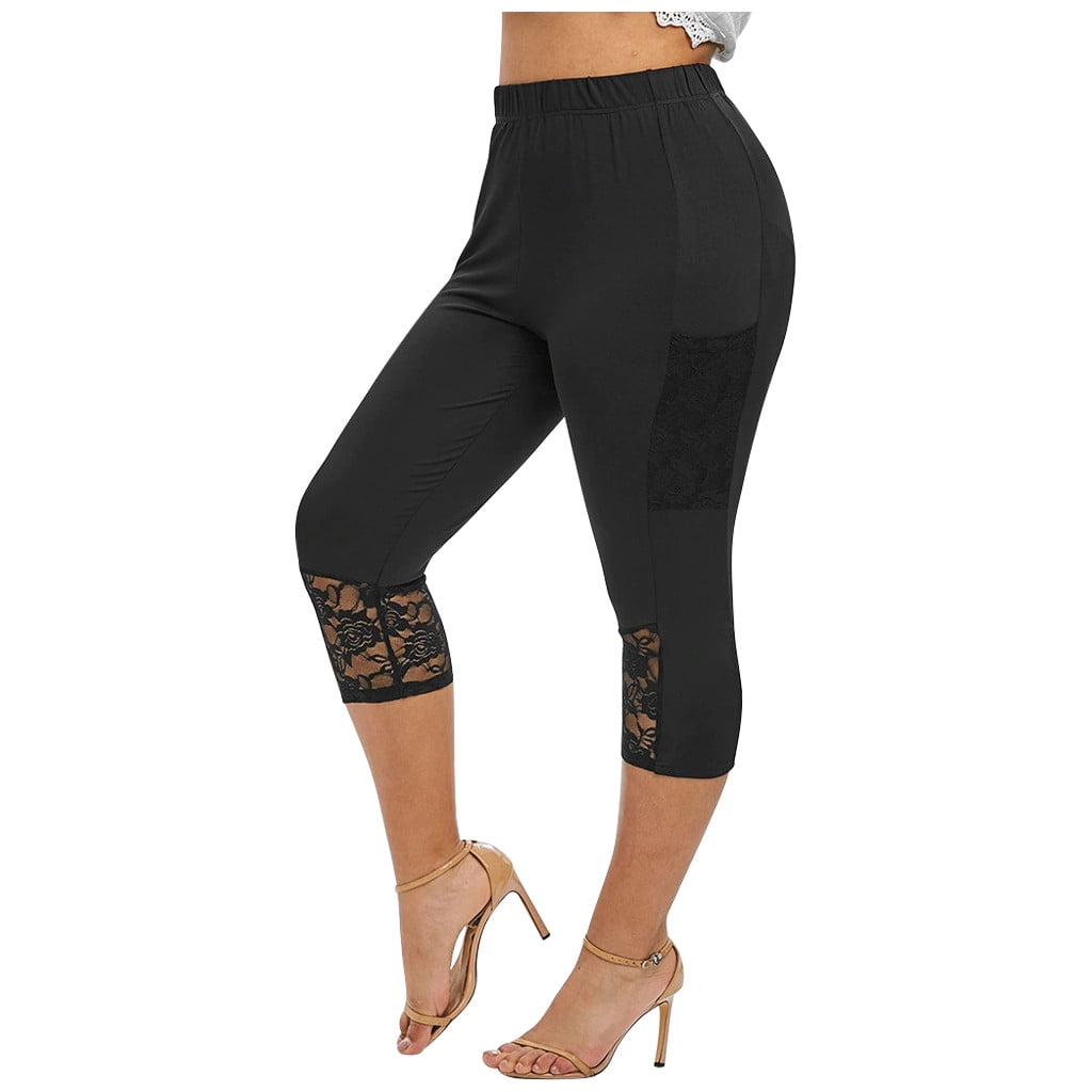 Yoga Pants with Pockets for Women Capri Length High Waisted Lace Trim  Leggings Tummy Control Stretch Soft Tights 