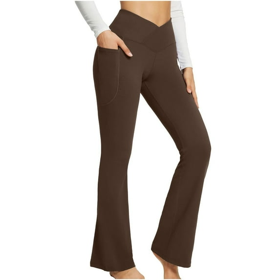 Yoga Pants with Pockets for Women Casual V Cross High Waist Butt Lifting Pants Wide Leg Flare Bootcut Leggings
