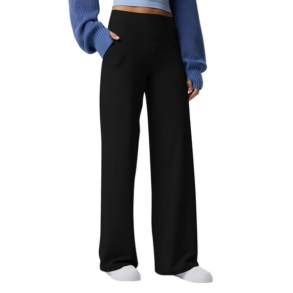 Yoga Pants with Pockets for Women High Waisted Straight Leg Leggings Casual Loose Solid Color Pants Comfy Travel Trousers