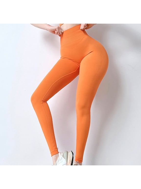 Yoga Pants with Pockets for Women Seamless Workout Leggings 28" - Women High Waisted Soft Stretchy Gym Athletic Yoga Pants Orange M