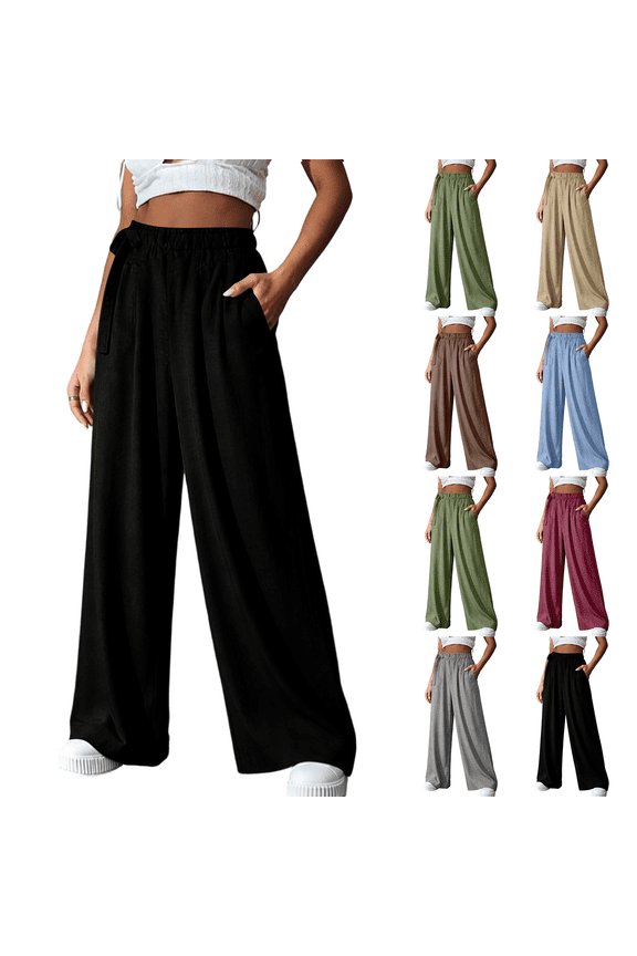 Wide Leg Pants for Women Flowy Loose Casual Drawstring Elastic Waist Trousers with Pockets Summer Beach Vacation Clothes