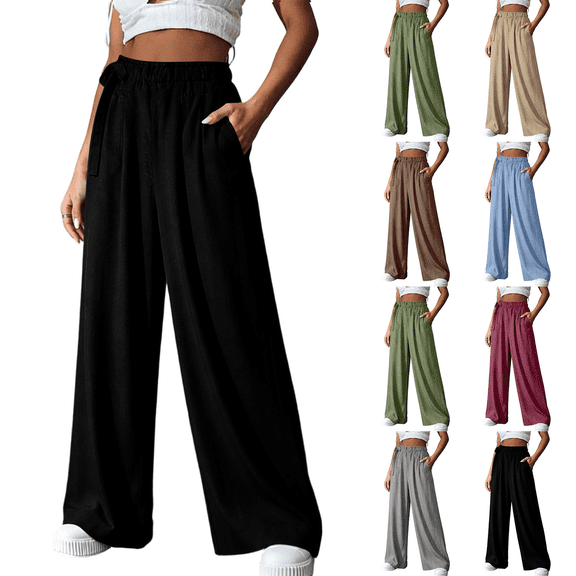 Wide Leg Pants for Women Flowy Loose Casual Drawstring Elastic Waist Trousers with Pockets Summer Beach Vacation Clothes