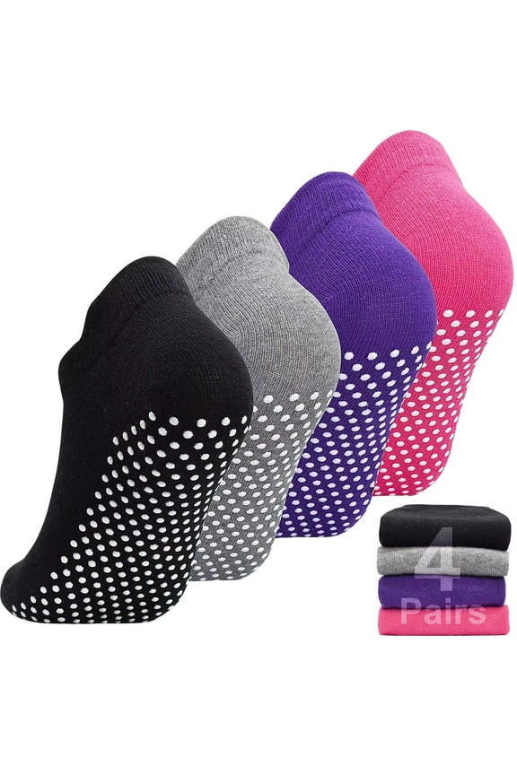 Yoga Pilates Socks Women, 4 Pairs Non Slip Barre Home Hospital Workout Grip Slipper Socks