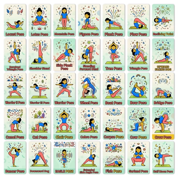Yoga Pose Cards Deck Set of 36, Funny Cartoon Abstract Yoga Flash Cards with Illustrations, Meditation Fitness Exercise Guide for Beginners