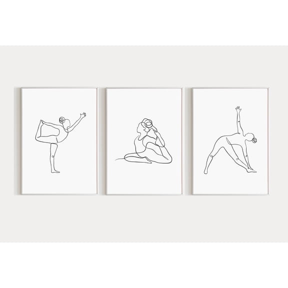 Yoga Pose Line Art Minimalist Asanas Triptych, Stretched Canvas