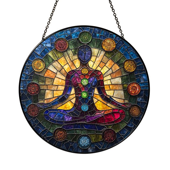 Yoga Pose Lotus Flower Stained Glass Style Window Suncatcher Hanging Decor, Artistic Decorative Panel Ornament for Calm Window Art and Floral Theme Home Decoration