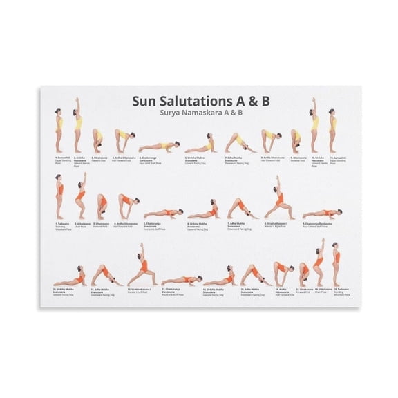 Yoga Poses Flow Chart Poster Sun Salutation A and B Sequence Surya Namaskar with Step by Step Guide Sanskrit English Names for Studio Home Practice Wall Decor