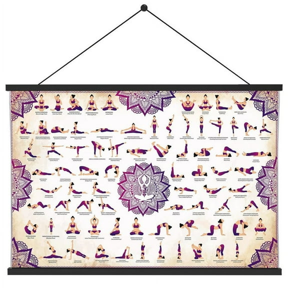 Yoga Poses Poster with Magnetic Frame (Jazzy Blanc) 36 x 24-inch Premium Yoga Poster Waterproof Yoga Poster Pine Magnetic Frame Yoga Wall Art with 77 Yoga Poses and Stretches. (Magenta)