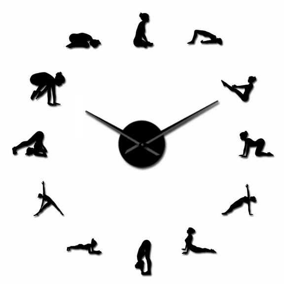 Yoga Poses Silhouette Frameless Wall Clock Stickers, DIY Modern Decorative Clocks for Living Room, Bedroom, Office - Easy to Install, Large 3D Clock Design (Black,27in)