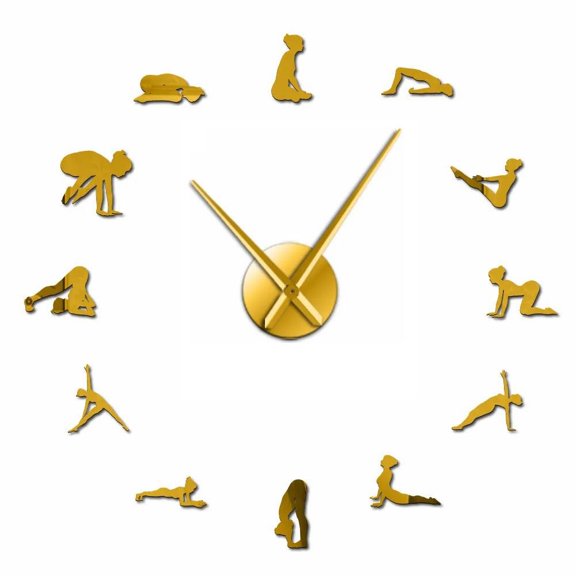 Yoga Poses Silhouette Frameless Wall Clock Stickers, DIY Modern Decorative Clocks for Living Room, Bedroom, Office - Easy to Install, Large 3D Clock Design (Gold,37in)