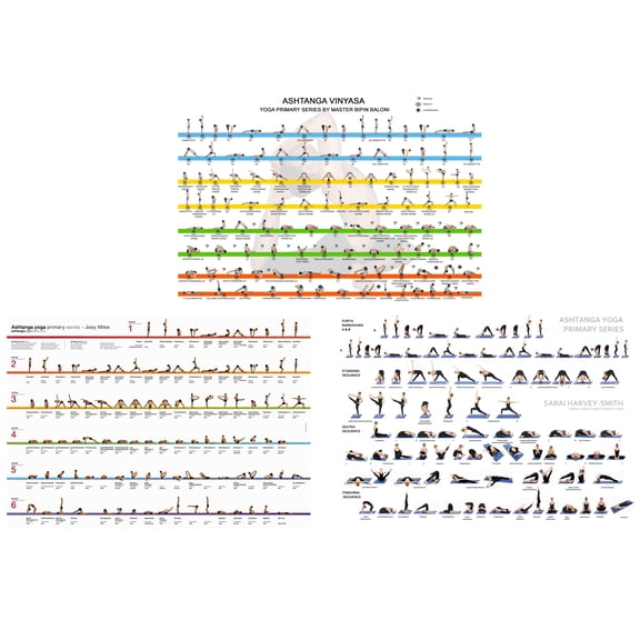 Yoga Poster Set of 3, Ashtanga Primary Series Pose Chart Wall Art, 12x18