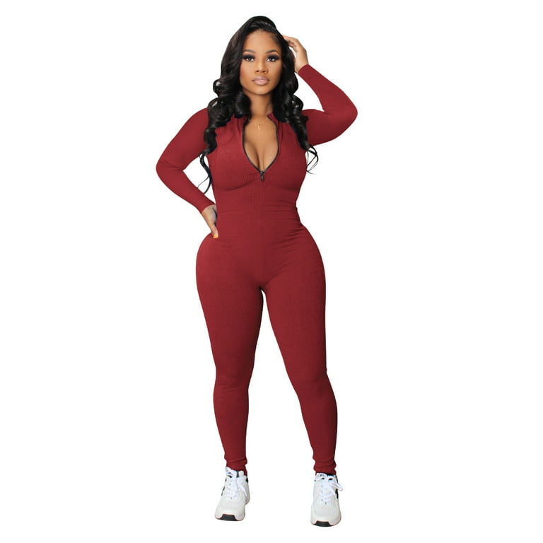 Womens Yoga Jumpsuit Sexy V Neck Long Sleeve Leggings Jumpsuits Workout  Athletic Jogger Sports Rompers with Zip 