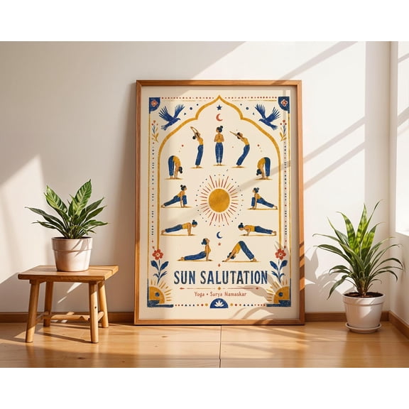 Yoga Sequence Print, Sun Salutation Poster with Surya Namaskar Design, Poster Only