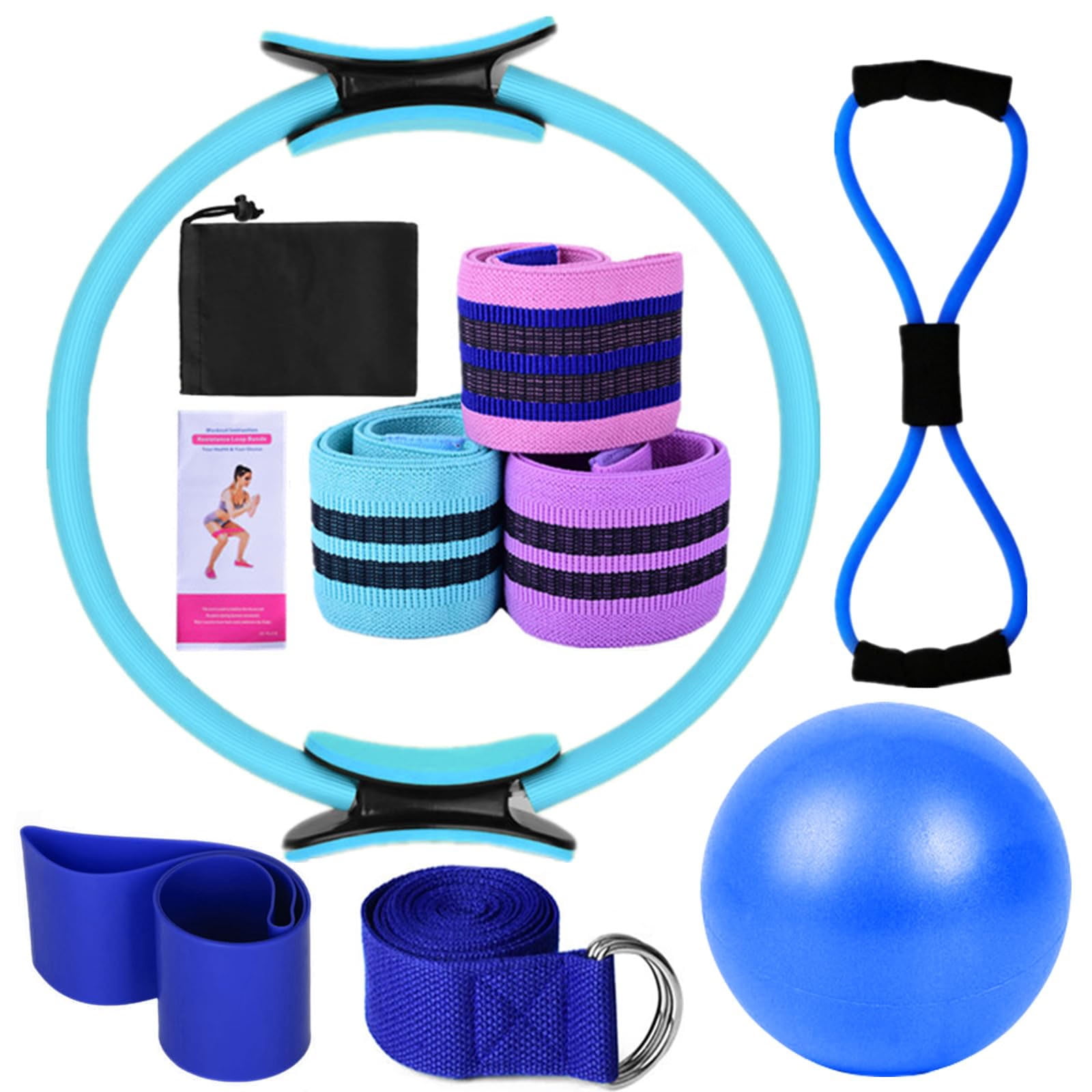 Yoga Sets for Women Pilates at Home Equipment Pilates Magic Ring Booty Bands for Working Out Glutes Yoga Ball 25cm Figure 8 Resistance Band Yoga Bands for Stretching, Blue