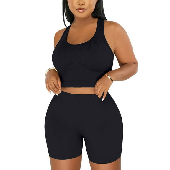 Yoga Sets for Women, Ribbed Bra Tank Tank High Waist Leggings Shorts Suits, Summer Stretchy Seamless Workout Outfits Two Piece Vacation Sets for Lady Black XXL