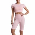 thumbnail image 1 of Yoga Sets for Women Skinny Short Sleeve Crop Tops with Capri Leggings Ribbed Leggings Yoga Pants 2PC Gym Workout Sets Tights Pink,S, 1 of 5