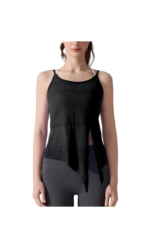 Yoga Sheer Tops for Women Spaghetti Strap Backless Summer Tank Top Side Split Tie Hem Trendy Casual Workout Shirts( Black, S )