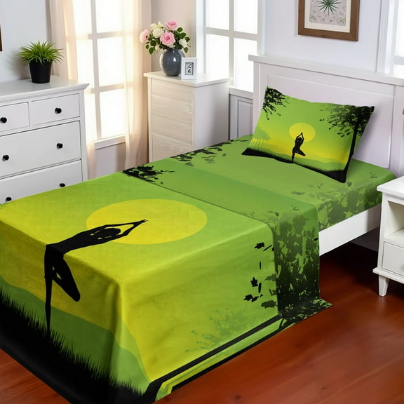 Ambesonne Nature Fitted & Top Sheet Set with Sham, Sunset Sky in Forest, Green Black Yellow