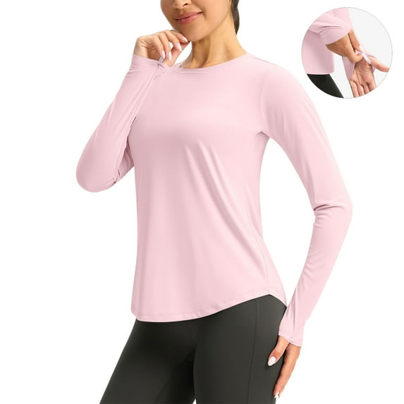 Zunfeo Yoga Shirts for Women Quick Drying Sports Workout Tops Long Sleeve Sun Protection Shirts for Hiking Running Pink