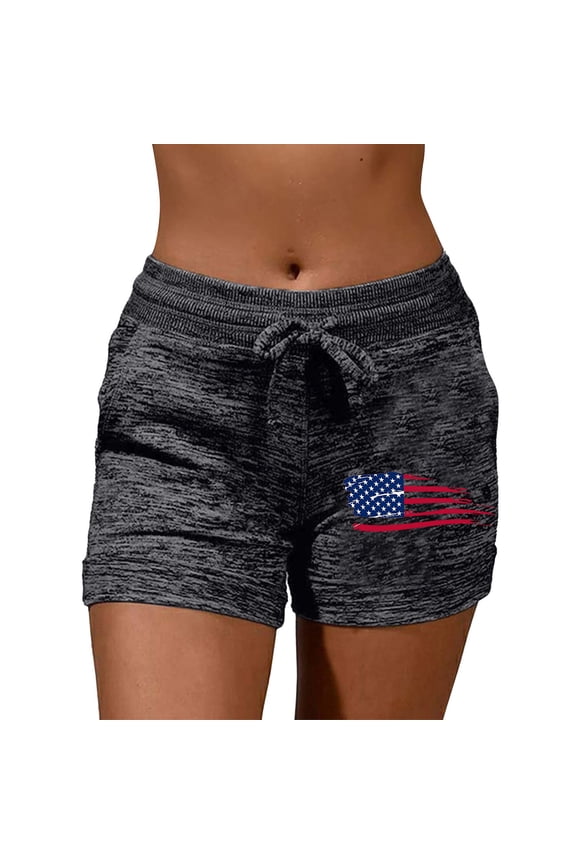 Yoga Shorts Women Casual Fashion Independence Day Print Print Elastic Bermuda Shorts for Women,Black,L