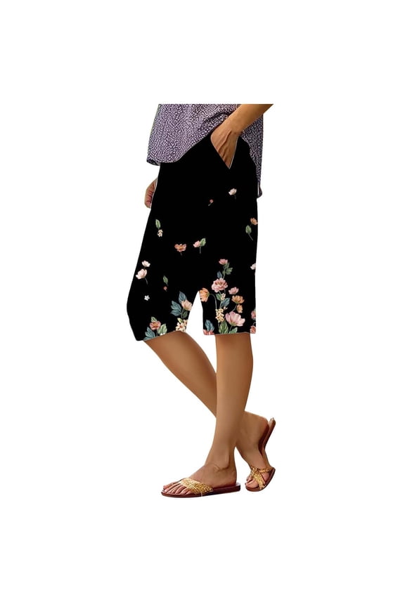 Yoga Shorts Women Casual Stylish Floral Printed Knee-Length Bermuda Shorts for Women,Black,XL