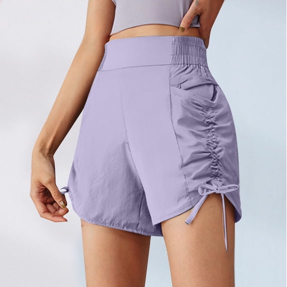 Yoga Shorts for Women Anti Chafing Ruched High Waist Loose Fit Solid Print Lightweight Gym Shorts for Pilates Wear Light Purple L