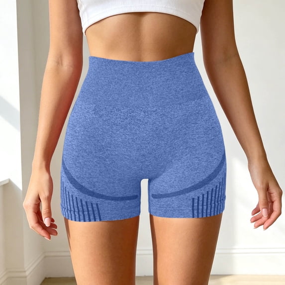 Yoga Shorts for Women High Waist Lifting Stretchy Breathable Slim Fit Solid Print Gym Shorts for Sporty Wear Blue L