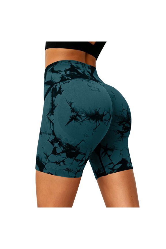 Yoga Shorts for Women High Waisted Tie Dye Sports Tight 3/4 Pants Outerwear Sexy Fitness Belly Firming Wear Athletic Women Shorts Blackish Green M
