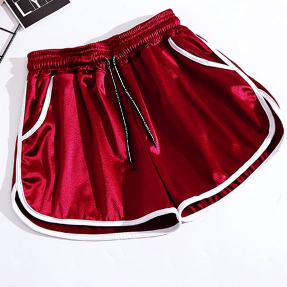 Yoga Shorts for Women Pocket Drawstring Elastic Waist Breathable Slim Fit Solid Print Shorts for Sporty Wear Red L