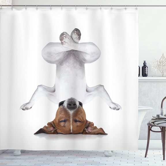 Yoga Shower Curtain, Dog Upside Down Relaxing Closed Eyes Meditating Calm Therapy Humor Animal Print, Cloth Fabric Bathroom Decor Set with Hooks, 69" W x 84" L, White Brown