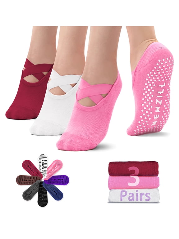 Yoga Socks No Slip for Women, 3 Pack, Multicolor, Ideal for Pilates, Ballet, Dance, Barefoot Workout