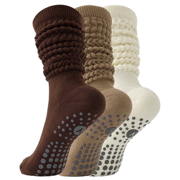 Yawlsow Yoga Grip Socks for Women, 3 Pairs Scrunch Slouch Non Slip Pilates Socks for Barre Workout, Hospital, US Size 5-10