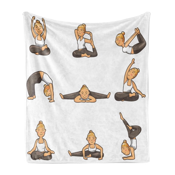 Yoga Soft Flannel Fleece Blanket, Cartoon Yoga Young Girl Doing Different Poses Energy Action Aerobics Vitality Health, Cozy Plush for Indoor and Outdoor Use, 60" x 80", Multicolor, by Ambesonne