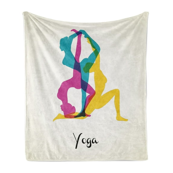 Yoga Soft Flannel Fleece Blanket, Different Yoga Poses Energetic Female in Motion Pilates Human Health Well Being, Cozy Plush for Indoor and Outdoor Use, 60" x 80", Pink Yellow Teal, by Ambesonne