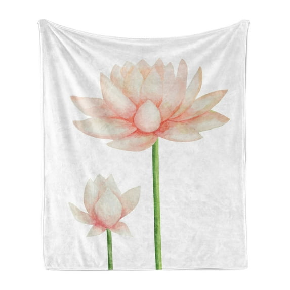 Yoga Soft Flannel Fleece Blanket, Pastel Colored Blooming Lotus Flower Romantic Fresh Garden Plant Spa Theme, Cozy Plush for Indoor and Outdoor Use, 60" x 80", Peach Green and White, by Ambesonne