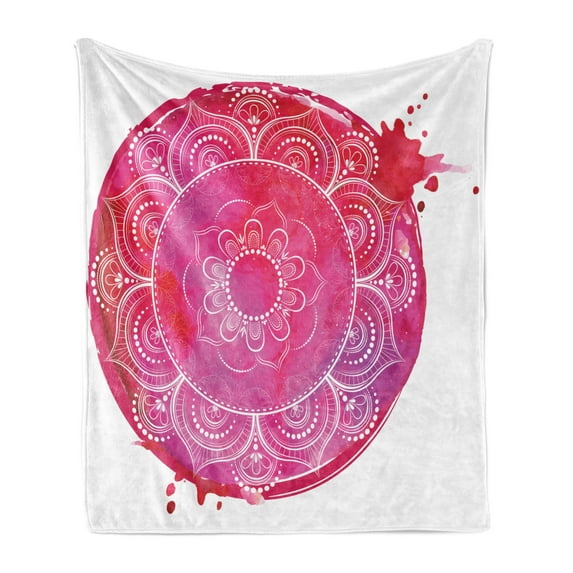 Yoga Soft Flannel Fleece Blanket, Pink Watercolor Round with an Mandala Art Motif Paint Drop Like Illustration, Cozy Plush for Indoor and Outdoor Use, 50" x 70", Magenta White Pink, by Ambesonne
