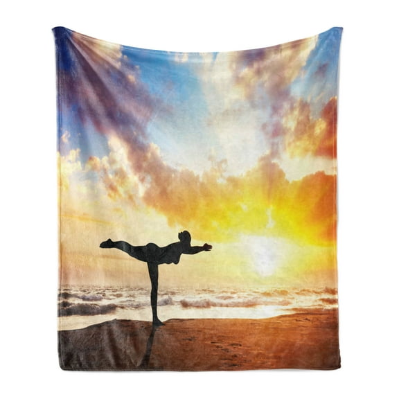 Yoga Soft Flannel Fleece Blanket, Warrior Pose by Woman in Silhouette with Majestic Sunset Sky Virabhadrasana Practice, Cozy Plush for Indoor and Outdoor Use, 50" x 60", Multicolor, by Ambesonne
