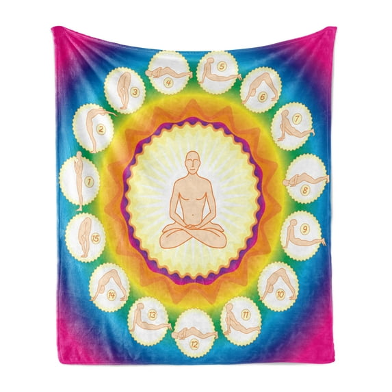 Yoga Soft Flannel Fleece Blanket, Yogi in the Lotus Posture and Exercises in Several Positions Surya Namaskar Vitality, Cozy Plush for Indoor and Outdoor Use, 70" x 90", Multicolor, by Ambesonne