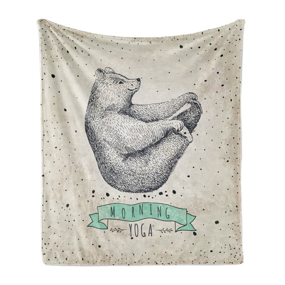 Yoga Soft Flannel Fleece Throw Blanket, Contemporary Illustration of Meditating Bear on Vintage Background Calm Life, Cozy Plush for Indoor and Outdoor Use, 50" x 60", Cream Black Green, by Ambesonne