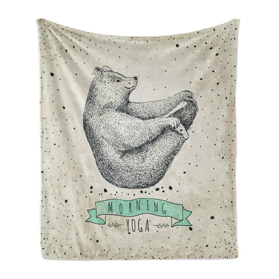 Yoga Soft Flannel Fleece Throw Blanket, Contemporary Illustration of Meditating Bear on Vintage Background Calm Life, Cozy Plush for Indoor and Outdoor Use, 50" x 70", Cream Black Green, by Ambesonne