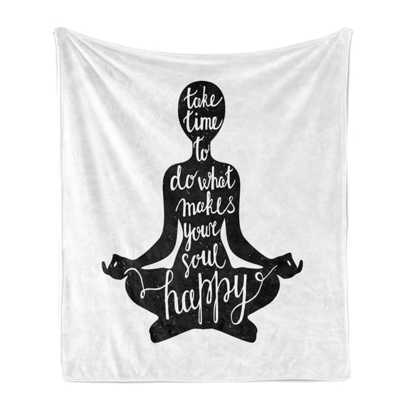 Yoga Soft Flannel Fleece Throw Blanket, Dark Silhouette Words About Time and Soul Inspiration Happiness Practice, Cozy Plush for Indoor and Outdoor Use, 50" x 70", Black and White, by Ambesonne