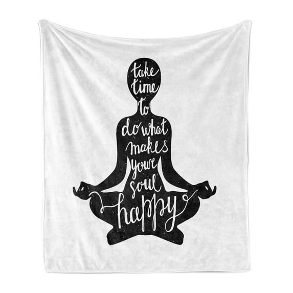 Yoga Soft Flannel Fleece Throw Blanket, Dark Silhouette Words About Time and Soul Inspiration Happiness Practice, Cozy Plush for Indoor and Outdoor Use, 60" x 80", Black and White, by Ambesonne