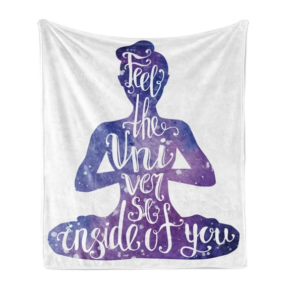 Yoga Soft Flannel Fleece Throw Blanket, Female Silhouette with Watercolor Space Design Inspirational Words, Cozy Plush for Indoor and Outdoor Use, 60" x 80", Violet and White, by Ambesonne