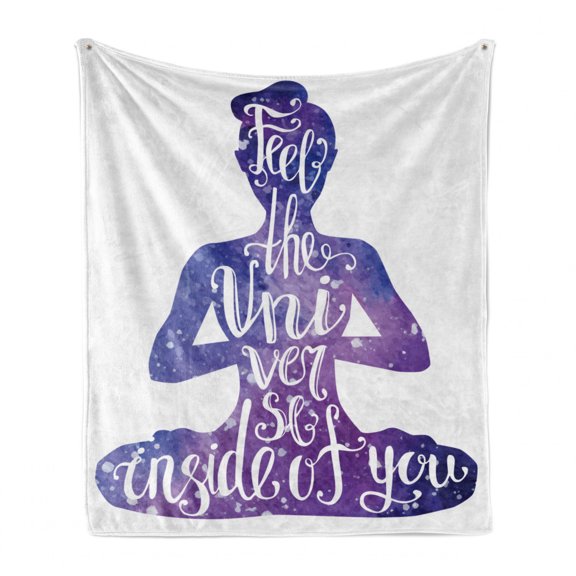 Yoga Soft Flannel Fleece Throw Blanket, Female Silhouette with Watercolor Space Design Inspirational Words, Cozy Plush for Indoor and Outdoor Use, 70" x 90", Violet and White, by Ambesonne