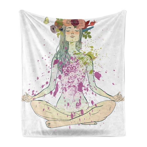 Yoga Soft Flannel Fleece Throw Blanket, Girl Floral Wreath Sitting in Lotus Pose Color Splashes Levitation, Cozy Plush for Indoor and Outdoor Use, 70" x 90", Multicolor, by Ambesonne