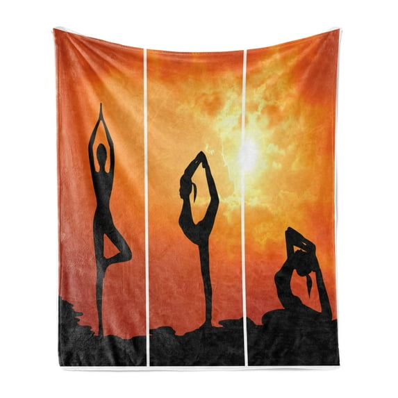 Yoga Soft Flannel Fleece Throw Blanket, Group of Healthy Woman Practice Yoga at Sunset Outdoors Body Stretching, Cozy Plush for Indoor and Outdoor Use, 50" x 60", Black Orange Yellow, by Ambesonne
