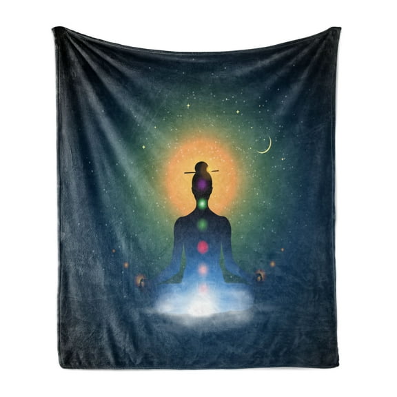 Yoga Soft Flannel Fleece Throw Blanket, Meditating Silhouette Sitting in Lotus Position Colorful s Trance Mood Happiness, Cozy Plush for Indoor and Outdoor Use, 50" x 60", Multicolor, by Ambesonne