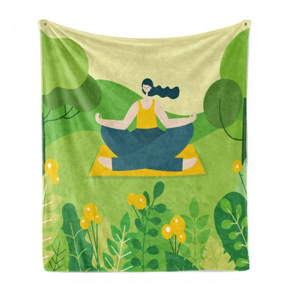 Yoga Soft Flannel Fleece Throw Blanket, Modern Young Girl on Her Mat in Lotus Pose at the Park, Cozy Plush for Indoor and Outdoor Use, 60" x 80", Earth Yellow Lime Green, by Ambesonne